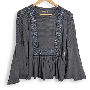 LOFT Women's Striped Bell Sleeve Embroidered Peplum Top Size MP Y2K Cottagecore